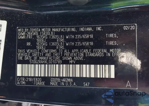 2020 Toyota Highlander Xle из США, поврежденный, VIN 5TDGZRAHXLS010789